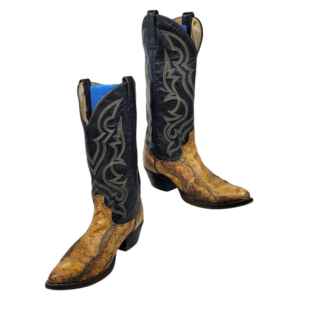 Vtg Acme Royals Western Cowboy‎ Boots Sz 9 Black Leather Yellow Python Snakeskin
